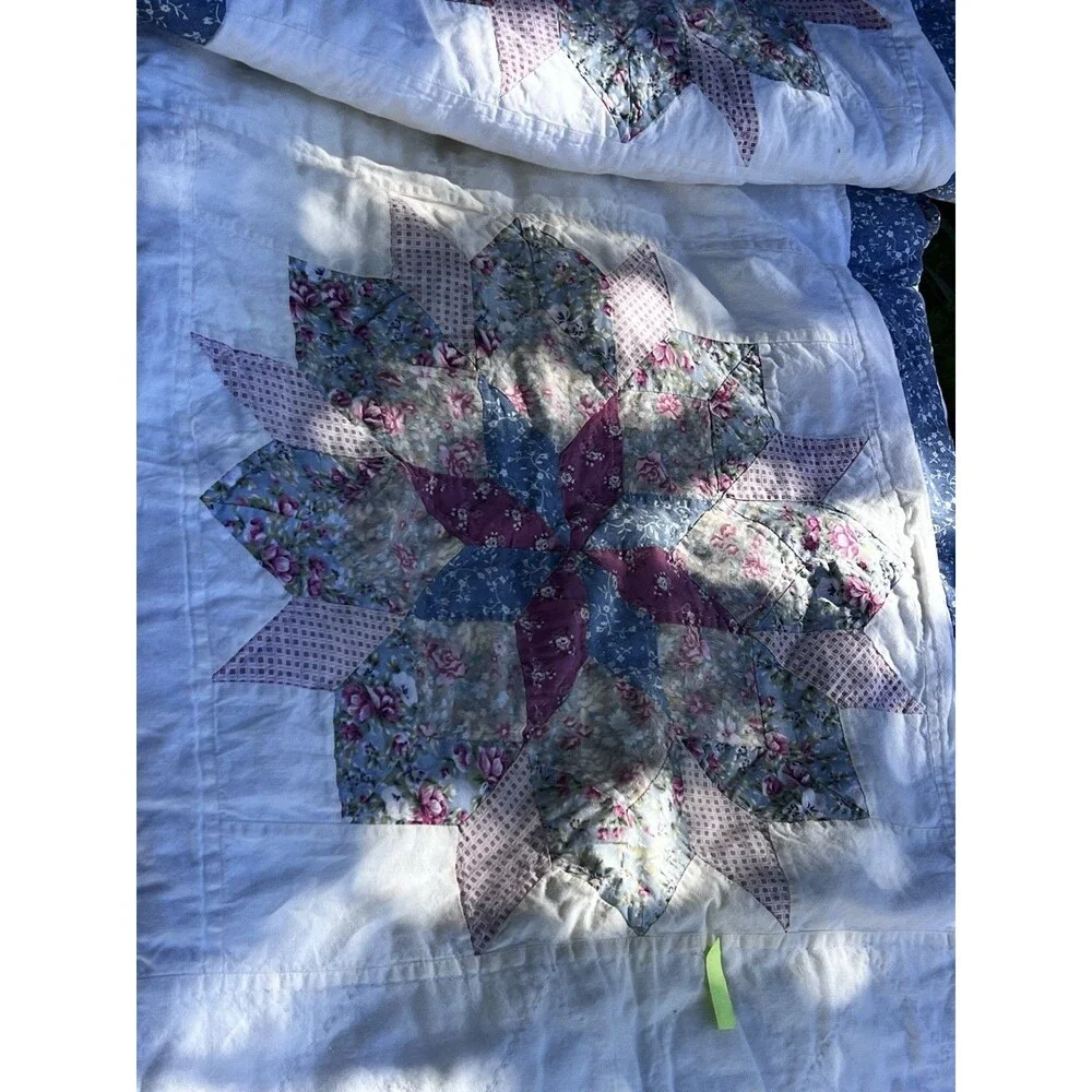 Vintage Cottage Floral Patchwork Quilted Pillow Shams Pair Blue Pink Zip Closure